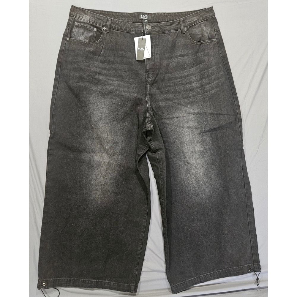 boohooMAN Parachute Jean Mens 44 Washed Black NWT Baggy Wide Leg Bungee Hem